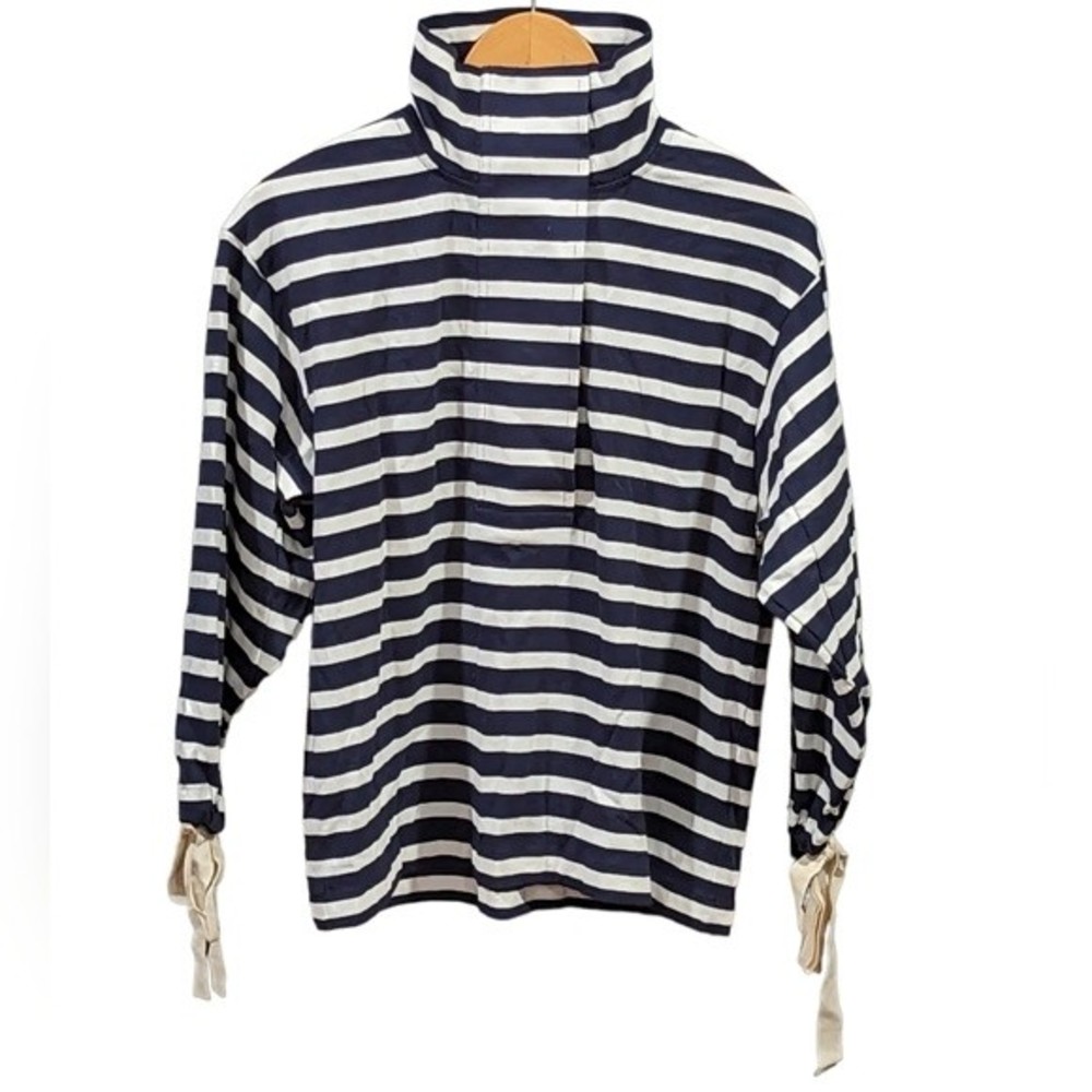 J. Crew Snap Neck Popover Size Small Navy and White Striped 100% Cotton J2159